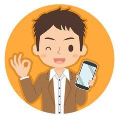 OKサインでスマホを持つ男性　イラスト　アイコン
