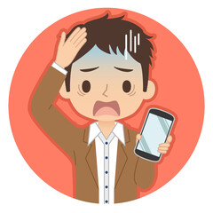 焦った青い顔でスマホを持つ男性　イラスト　アイコン