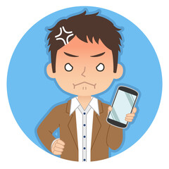 怒った赤い顔でスマホを持つ男性　イラスト　アイコン