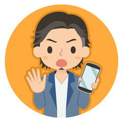 NOサインでスマホを持つ男性　イラスト　アイコン
