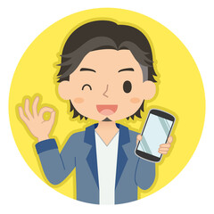 OKサインでスマホを持つ男性　イラスト　アイコン