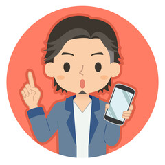 指差しポーズでスマホを持つ男性　イラスト　アイコン