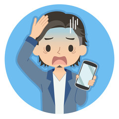 焦った青い顔でスマホを持つ男性　イラスト　アイコン