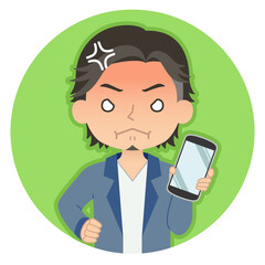 怒った赤い顔でスマホを持つ男性　イラスト　アイコン