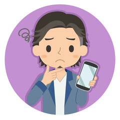 悩み顔でスマホを持つ男性　イラスト　アイコン