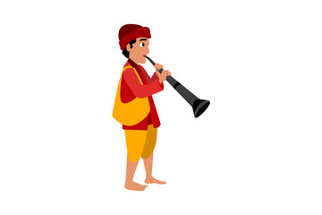 cartoon funny cute south indian traditional village boy with trumpet and hand bag isolated on white background for Pongal festive celebrations. 
