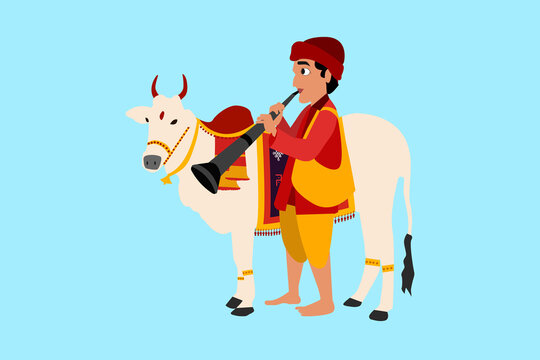 cartoon funny cute south indian traditional village boy with trumpet and hand bag with decorated ox isolated on blue background for Pongal festive celebrations.  
