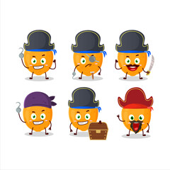 Cartoon character of orange fruit with various pirates emoticons