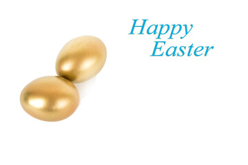 Golden easter eggs isolated on white background. Decorative easter decorations. Easter card. Flat layout.