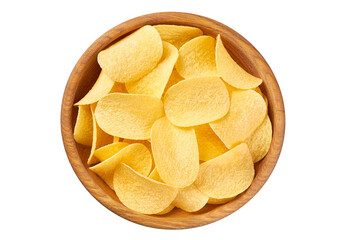 potato chips on a wooden plate isolated on a white background, top view.