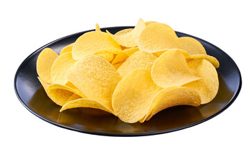 crispy potato chips on a black plate isolated on a white background.