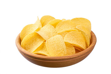 potato chips on a wooden plate isolated on a white background.