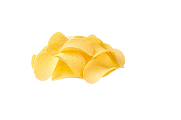 large pile of crispy potato chips isolated on a white background.