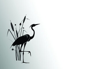 Fototapeta premium A heron stands behind a cattail bush. Vector silhouette drawing.