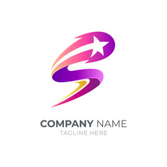 Shooting star letter S logo with 3d shape in gradient red and purple color