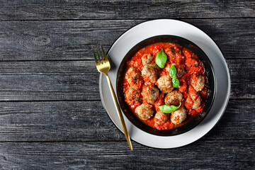 Italian meatballs in marinara sauce, copy space