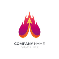 Fire and up arrow logo design with simple 3d shape in gradient red yellow color