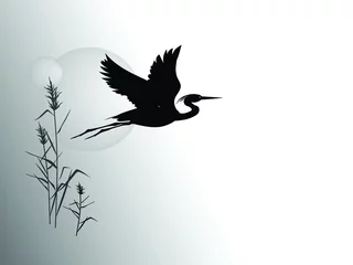 Foto op Plexiglas A silhouette of flying heron against the backdrop of a reeds and sun circle. Vector drawing. © steadb
