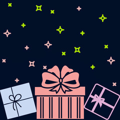 christmas boxes with snowflakes and gifts, Happy new year wishes greeting card abstract background with colorful decorative pattern, graphic design illustration wallpaper