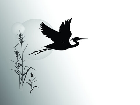 A silhouette of flying heron against the backdrop of a reeds and sun circle. Vector drawing.