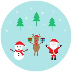 Merry Christmas and Happy New Year with Santa Claus, snowman, reindeer holding gift box, Christmas tree on snowflake background.
