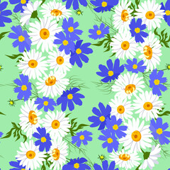 Seamless vector illustration with daisies on a green background.