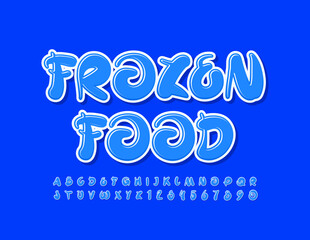 Vector creative sign Frozen Food. Blue artistic Font. Handwritten Alphabet Letters and Numbers set