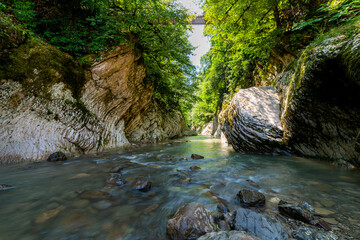 Fototapeta premium Small quiet river in a mountain canyon