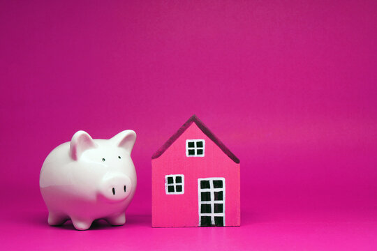 Fund , Investment , Saving money concept : Mock up White Piggy bank and House on pink background with copy space for text message - red pattern of Bank and Saving , benefit concept 