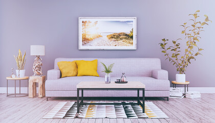 3d Illustration - Skandinavisches, nordisches Wohnzimmer mit einem Sofa, Tisch und einem Bild an der Wand - Textfreiraum - Platzhalter - Retro Look