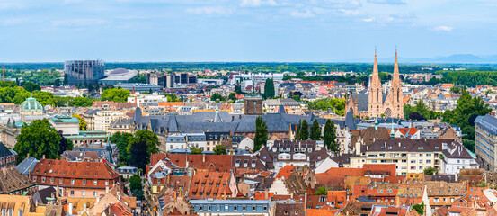 Aerial panoramic view of Strasbourg seen from the roof top of the cathedral of Our Lady of Strasbourg, Alsace region, France
