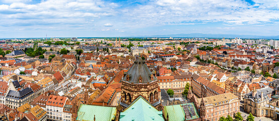 Strasbourg skyline from the roof top of the cathedral in Strasbourg, Alsace region, France