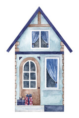 Obraz premium Watercolor hand painted blue house facade with holiday gifts