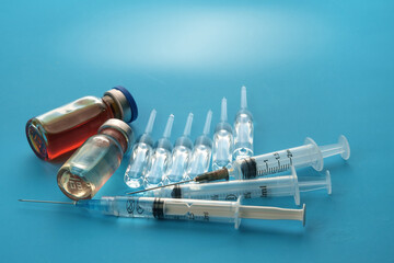 Medicine bottles for vaccination with syringe and ampoules