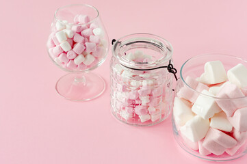 marshmallow heart shape and mini with love concept on pink background