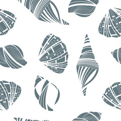 Seamless pattern with collection seashells. Graphic background with shellfish and sea shells. Nautical texture. Print with a beach theme, marine illustration, seaside.
