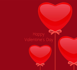 Valentine's Day festive banner with glossy red hearts, and with bows. The holiday greeting card on a red background. Celebratory poster with place for text.