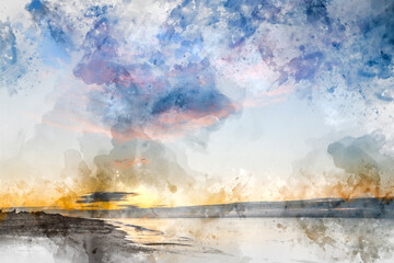 Digital watercolor painting of Stunning colorful sunrise over beach landscape on English South coast