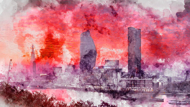 Digital watercolor painting of Majestic lamndscape image of sunrise over London cityscape with stunning sky formations over iconic landmarks