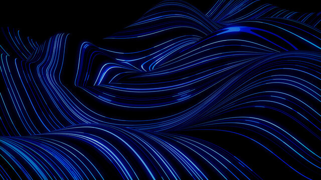 Abstract 3D Technology concept. Big Data and Artificial Intelligence represented as a High Tech Futuristic Flow Line waves. Abstract background. 3D render
