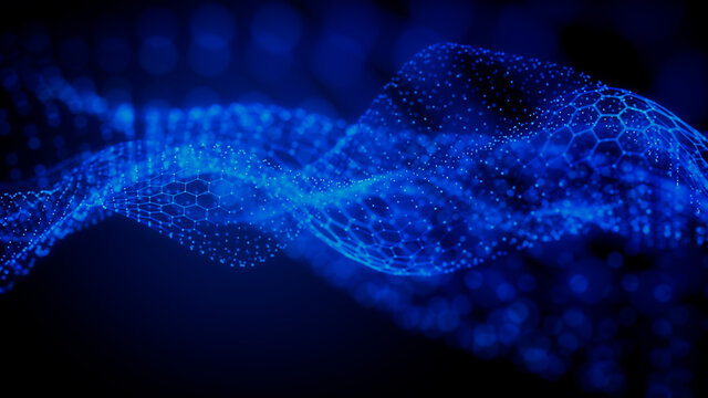 Abstract 3D Technology concept. Big Data and Artificial Intelligence represented as a High Tech Futuristic Particle Network. Abstract background. 3D render