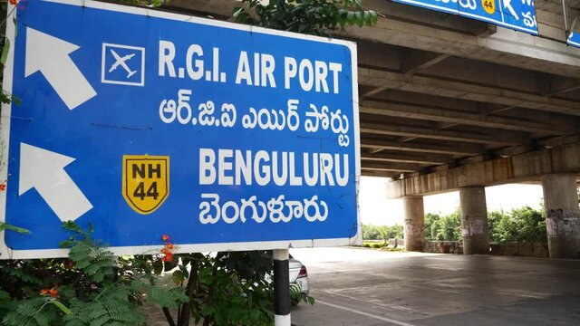 Shot of traffic board towards Benguluru R.G.I Air port