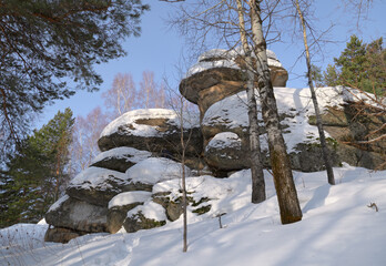 Round rocks in the winter forest