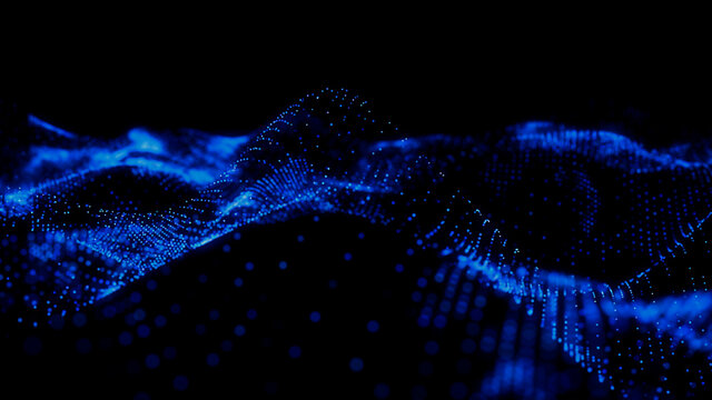 Abstract 3D Technology concept. Big Data and Artificial Intelligence represented as a High Tech Futuristic Particle Network. Abstract background. 3D render