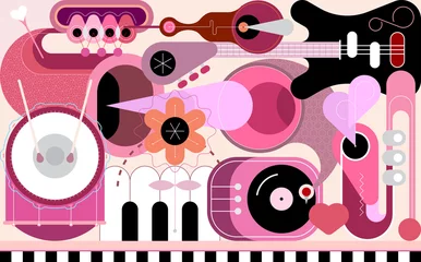 Gordijnen Muziek ontwerp. Abstract vectorillustratie van verschillende muziekinstrumenten. Moderne elektrische gitaar, saxofoon, pianotoetsen, trompet, trommel met drumstokken, grammofoon, bloem en rode hartvorm. ©  danjazzia