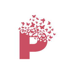 The letter P dispersing into a cloud of butterflies and moths
