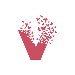The letter V dispersing into a cloud of butterflies and moths