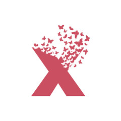 The letter X dispersing into a cloud of butterflies and moths