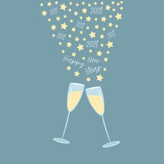Happy New Year 2021 banner. Celebration card with star and glass for champagne