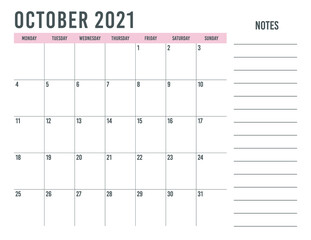 Simple calendar october 2021, printable